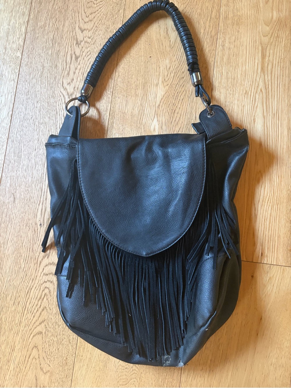 Black Fringe Vegan Leather Shoulder Bag - Women